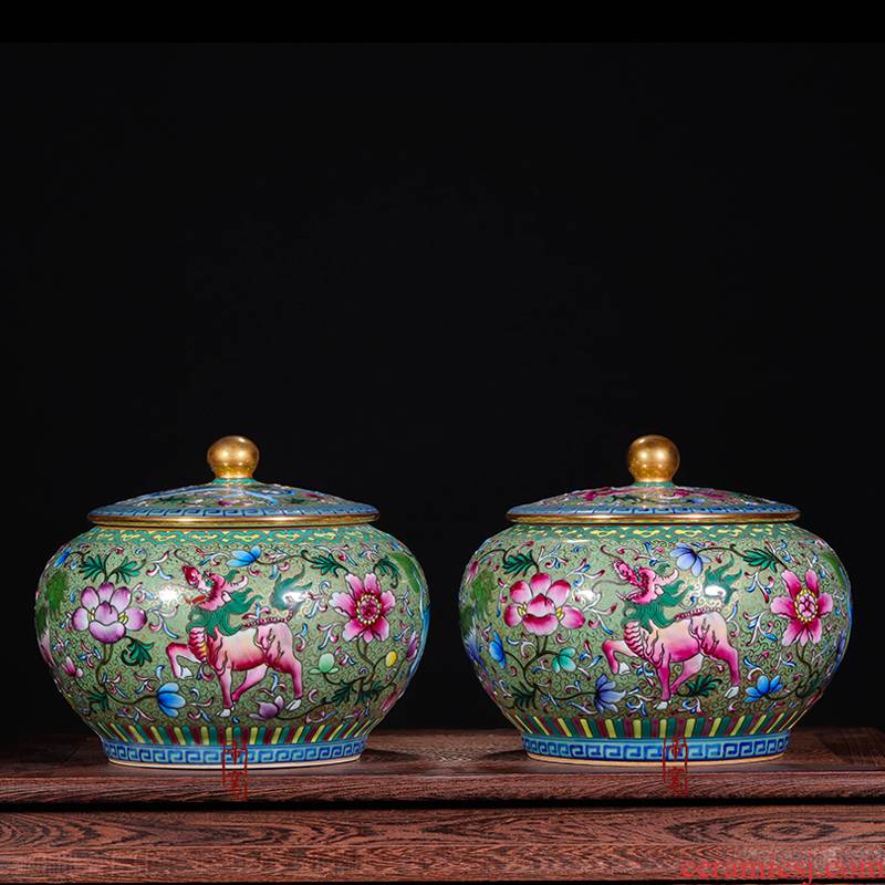 Jingdezhen ceramic antique hand - made vases furnishing articles pastel green kirin caddy fixings colored enamel tank storage tank