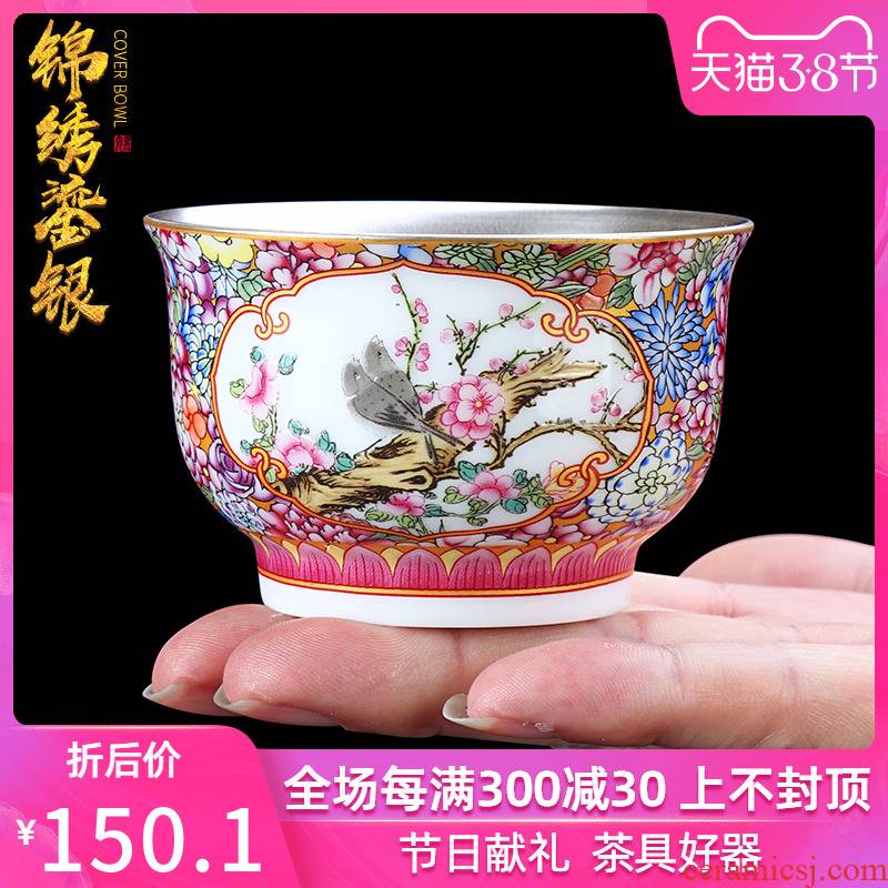 Jingdezhen hand - made master cup silver enamel 999 vintage home large checking ceramic sample tea cup