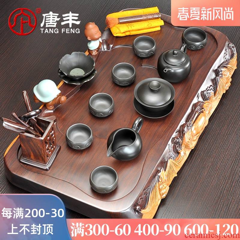 Tang Feng sheet edge carved ebony wood tea tray tea sets of violet arenaceous black pottery kung fu tea set TF - 4284