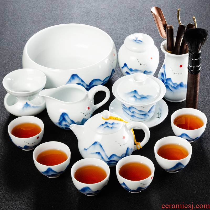 NiuRen white porcelain hand - made kung fu tea set home tea cup lid bowl tea to wash to the whole office tea sets
