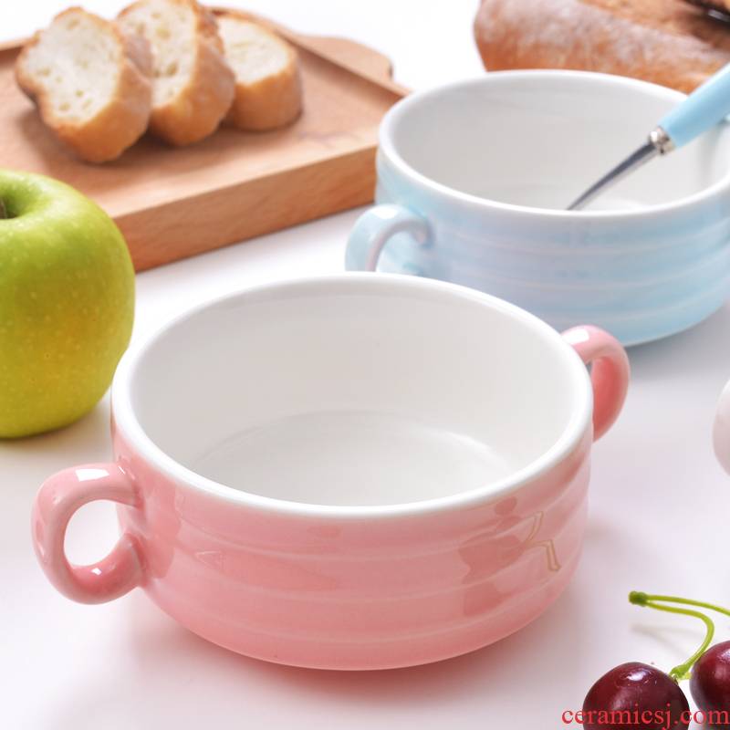Creative cartoon ears ceramic bowl dishes spoon set tableware stew ROM song small bowl of soup bowl dessert double peel milk bowl