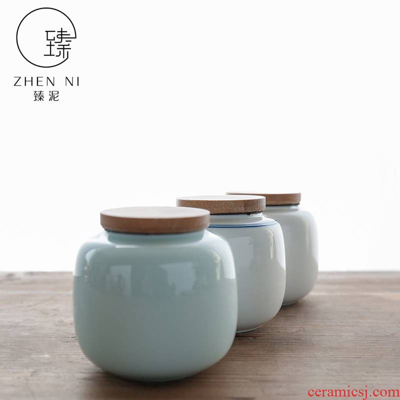 By mud jingdezhen ceramic seal pot of tea caddy fixings warehouse contracted circular storage jar shadow blue small wake tea