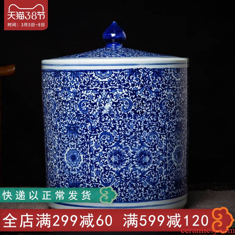 Large blue and white porcelain tea pot ceramic sealed tank storage detong pu - erh tea with cover Large capacity wake ChaGangZi household