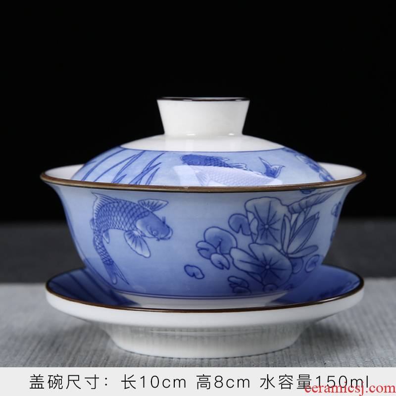 Dehua white porcelain printing ceramic tureen tea cups only three bowl bowl suet jade kung fu suit household tea
