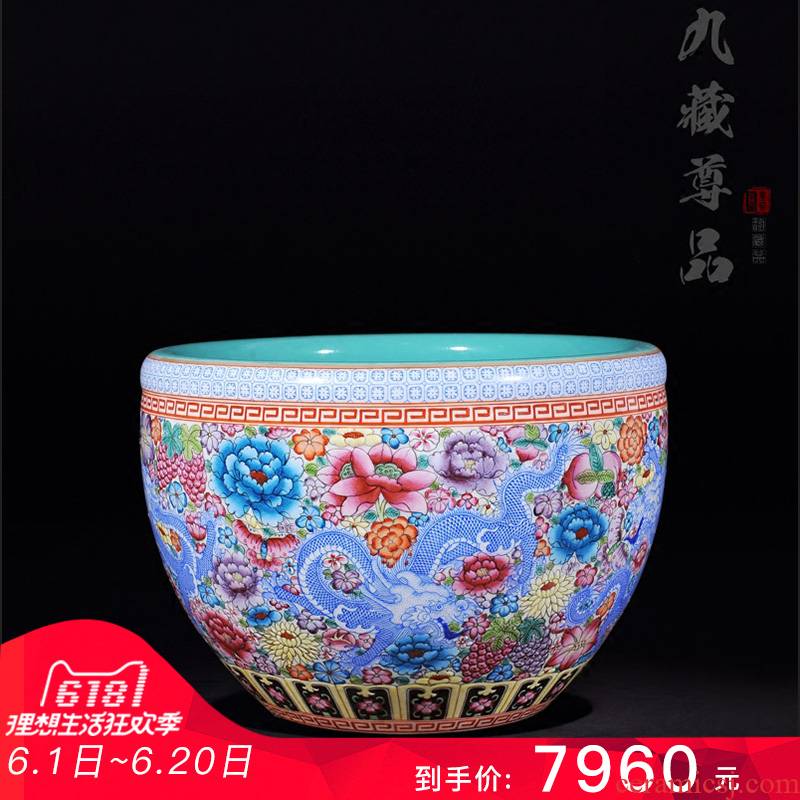 Antique hand - made jingdezhen ceramics powder enamel vase "dragon on the peony flower is cylinder 】 home furnishing articles in the living room