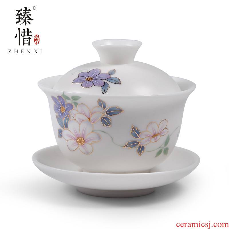 Become precious little Chinese essence burn hand - made tureen kung fu tea set three only pure manual tureen ceramic white jade porcelain cups