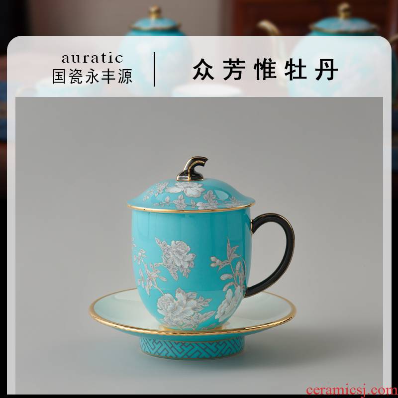 The porcelain Mrs Yongfeng source porcelain ink painting peony 3 piece ceramic cups lid cup tea cup large household