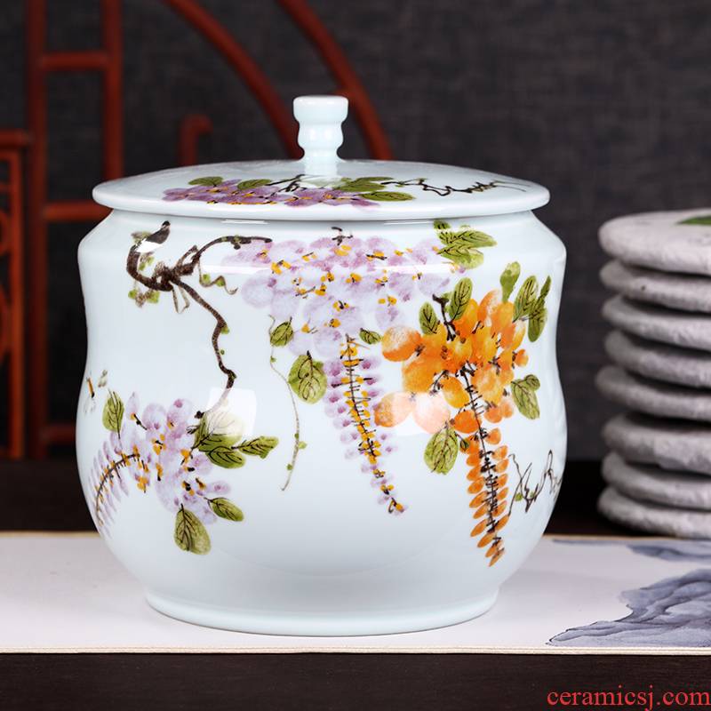 Jingdezhen shadow the qing pu 'er tea canister ceramics seven cakes canned large storage collection bucket of tea tea tea urn
