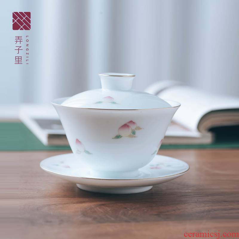 Made in jingdezhen ceramic kung fu tea tea bowl hand peach tureen three large bowl with white porcelain