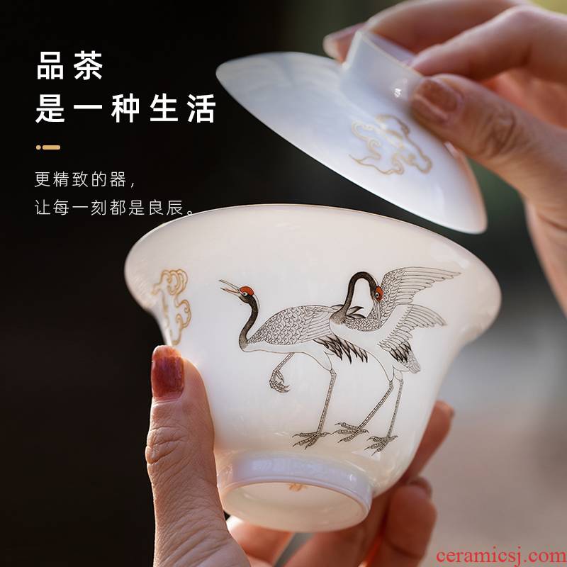 Mountain sound Jin Yunhe dance tureen pure manual painting only tureen thin foetus white porcelain three cups of jingdezhen ceramic tea set
