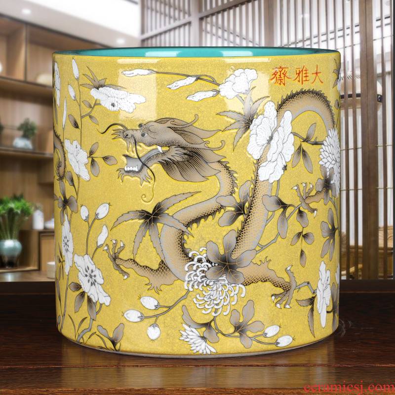 Jingdezhen ceramics by newest yellow, both please double dragon grain bucket color big pen container yard antique folk collection of ornaments