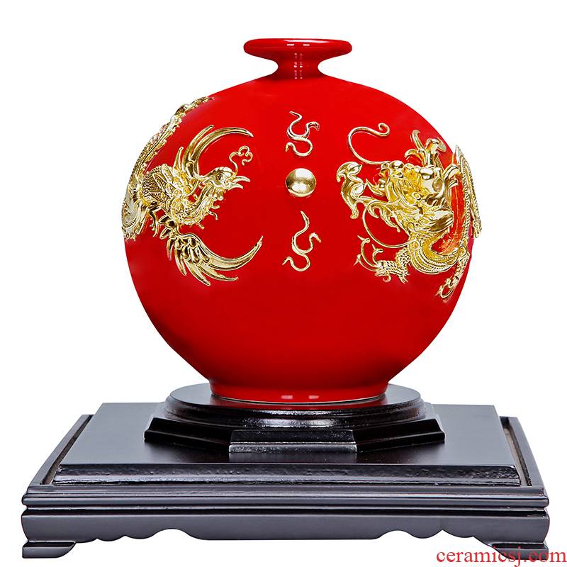 Really sheng Chinese red paint line carve wedding gift ceramics furnishing articles longfeng auspicious gift gift checking crafts