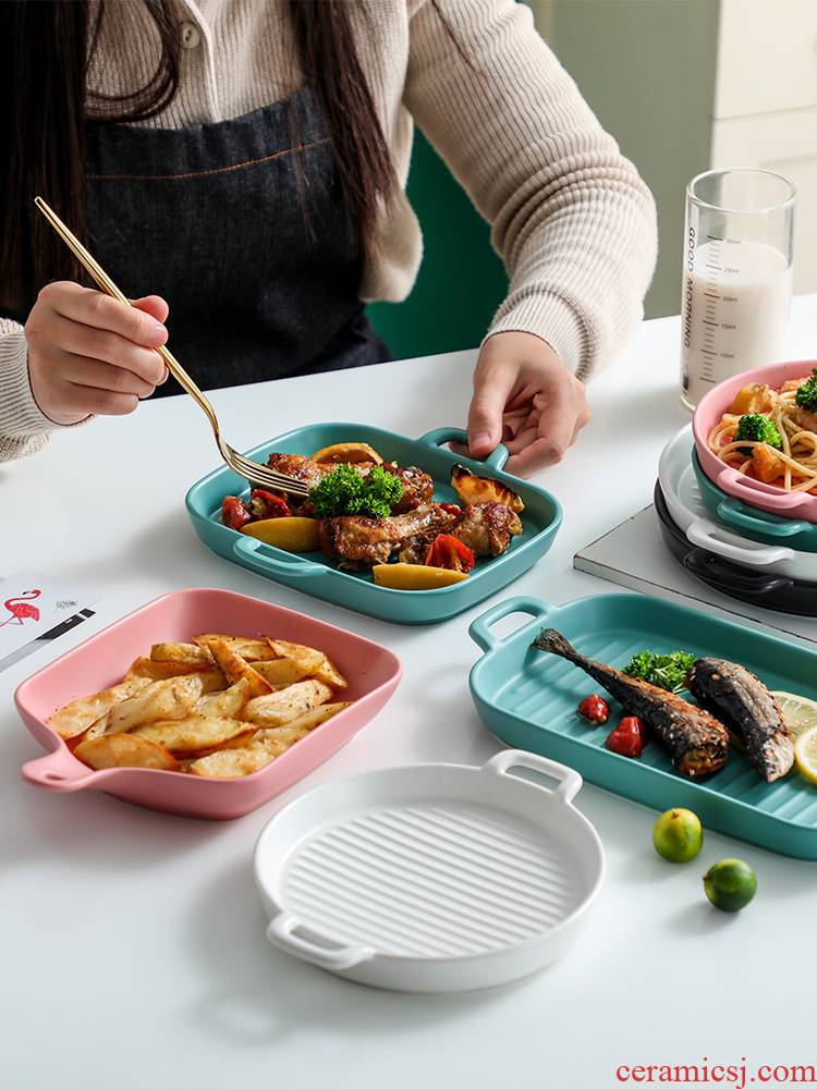 Nordic tableware, pure color steak dish creative western food plate stripe plate move household food dish ceramic baking pan
