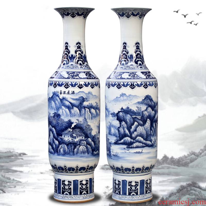 Blue and white porcelain of jingdezhen ceramics landscape painting big vase decoration to the hotel open living room floor office furnishing articles