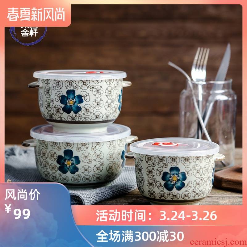 Japanese under glaze color porcelain ears preservation bowl household three - piece multi - function silicone seal with cover to eat instant noodles