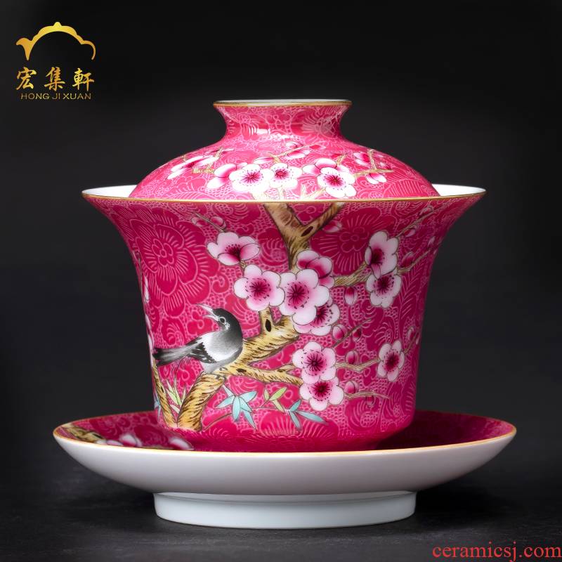 Jingdezhen tea tureen grilled teacups hand - made pastel flowers carmine tureen