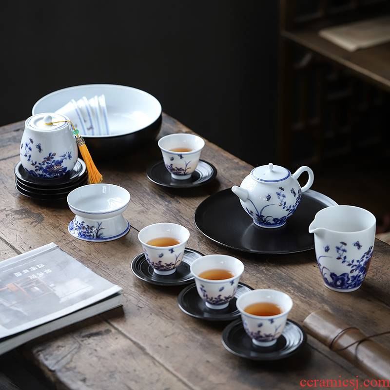 Ronkin hand - made household small set of blue and white porcelain cups tea tureen tea set kung fu tea kettle