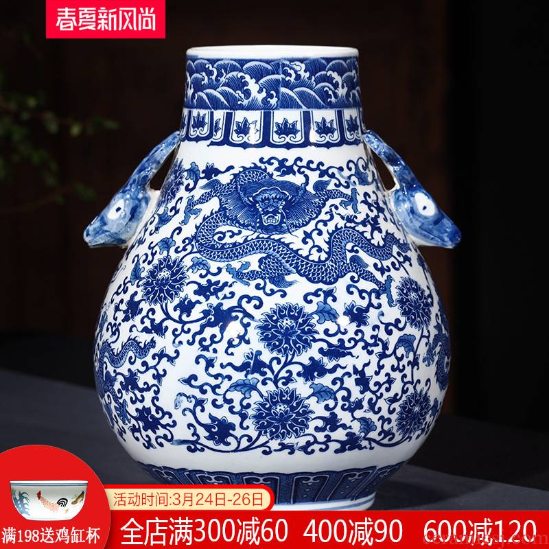 Antique vase of blue and white porcelain of jingdezhen ceramics ears dragon creative barrels a blessing to the sitting room home furnishing articles