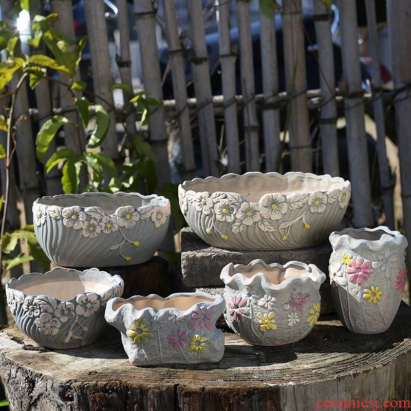 Chinese wind hand - made fleshy flower pot simple ceramic new retro coarse pottery basin fleshy meaty plant flowers