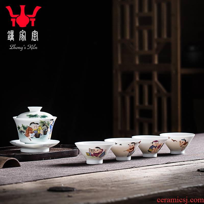Clock home up jingdezhen tea set manual hand - made pastel character set tong qu five kunfu tea home outfit