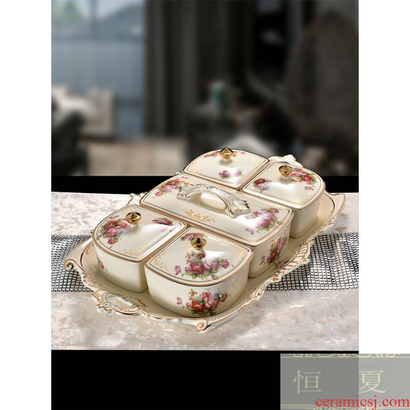 Ceramic frame with cover dry fruit tray household candy box of high - grade creative living room fruit snack plate Chinese New Year cake plate