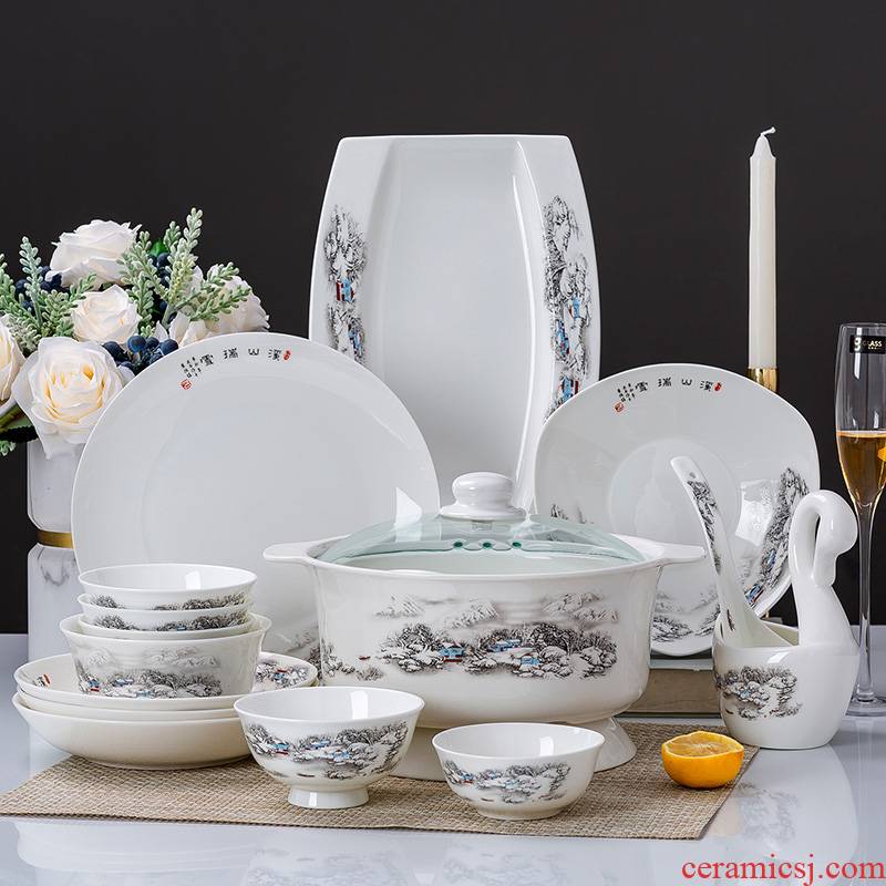 The dishes suit household kitchen bowl jingdezhen ceramic bowl plate combination 60 head Chinese ipads China tableware