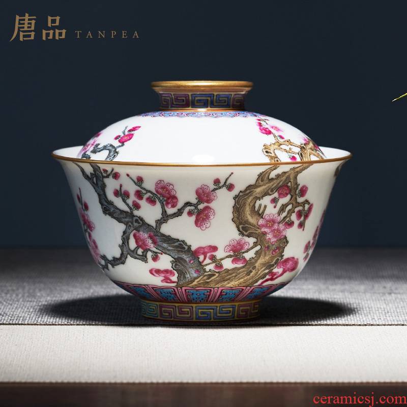 Colored enamel hand wintersweet name plum blossom put tureen satisfied grain tea bowl of jingdezhen ceramic large - sized kung fu tea cups