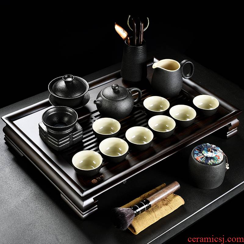 & old, black pottery xi shi teapot teacup ceramic tea set household kung fu real MuZhu tureen tea tray package
