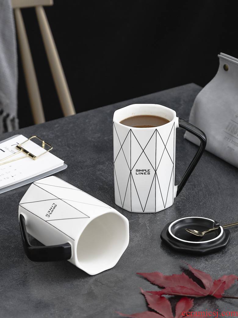 Couples ins Nordic contracted ceramic water cup individuality creative tide mark cup with cover spoon coffee cup