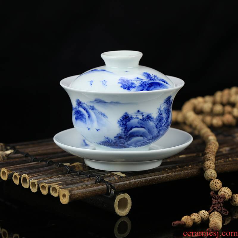 Beijing 's blue and white porcelain teacup and auspicious manual large only three bowl tea antique hand - made kung fu tea set