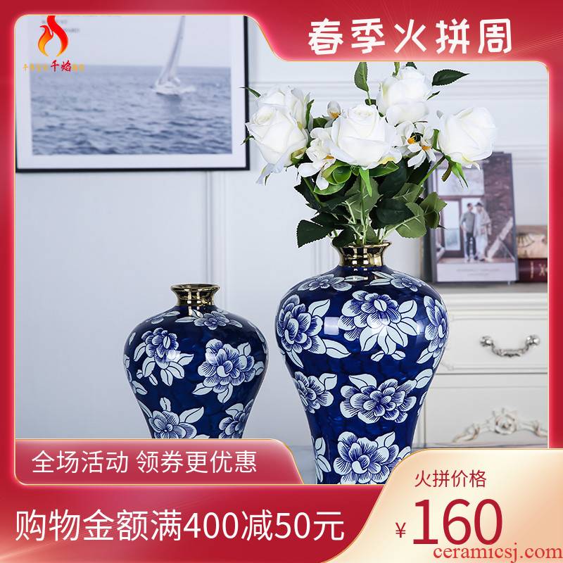 Mesa of jingdezhen ceramic vase light key-2 luxury furnishing articles sitting room adornment ornament blue and white peony flower arranging hand - made mei bottles