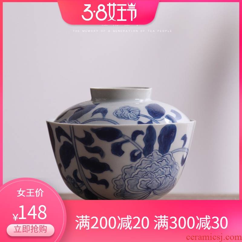 Blue and white peony tureen jiangnan past ceramic cups kung fu tea set large home three bowl of tea tea bowl