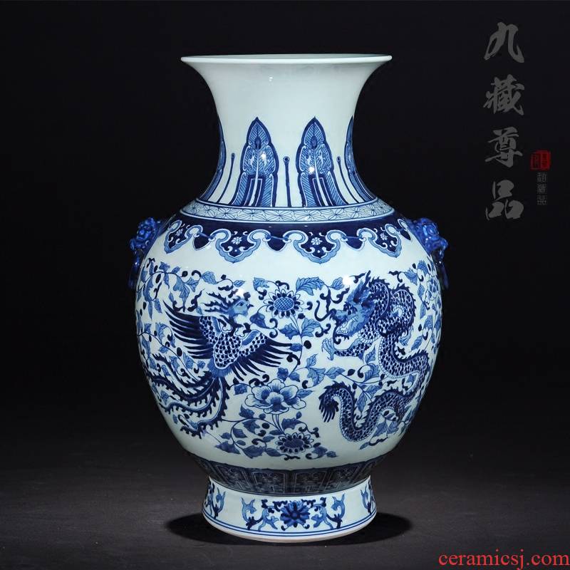 Jingdezhen ceramics antique hand - made double lion big ears in extremely good fortune of blue and white porcelain vase sitting room home furnishing articles