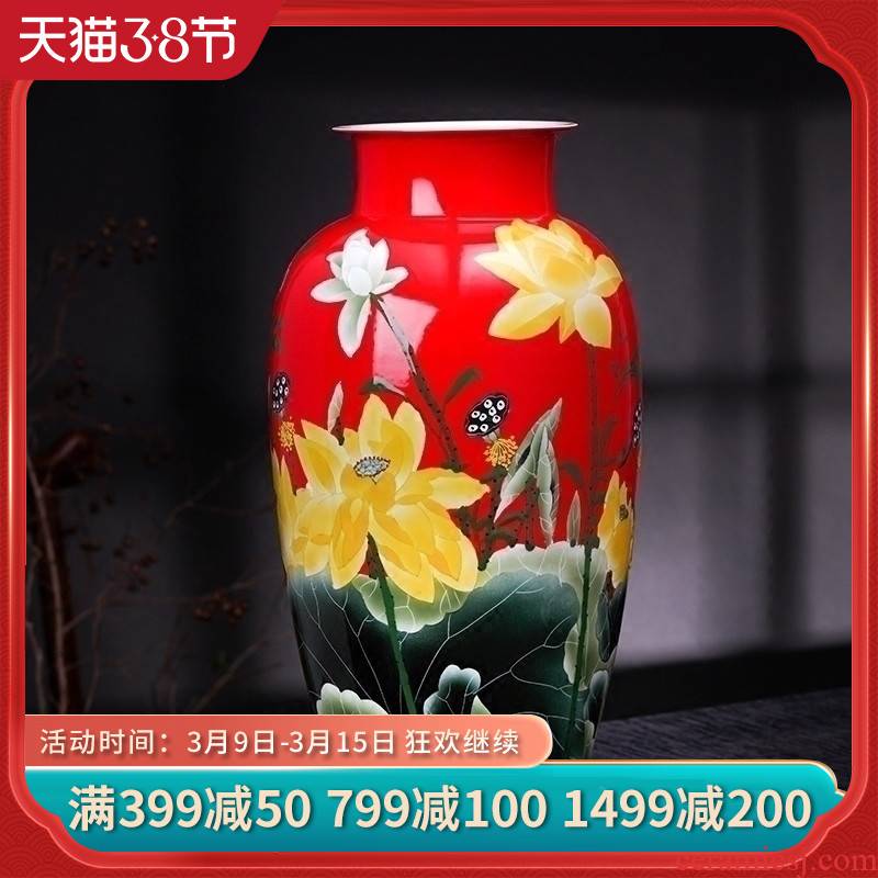 Jingdezhen ceramics vase hand - made the red lotus flower arranging, new Chinese style home sitting room adornment is placed