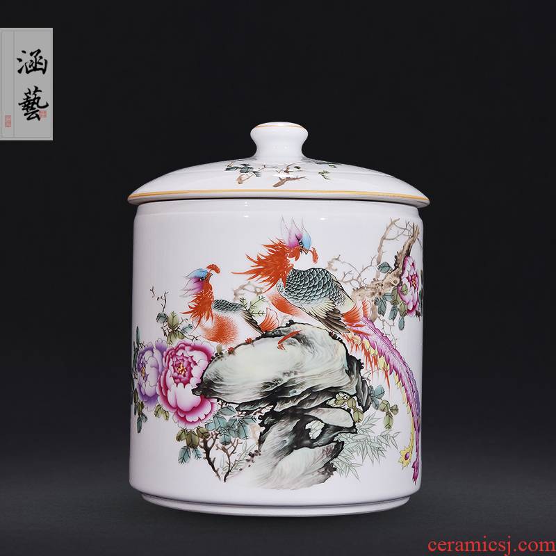 Jingdezhen ceramic powder enamel jar of husband and wife straight auspicious caddy fixings Chinese style living room home decoration furnishing articles craft gift