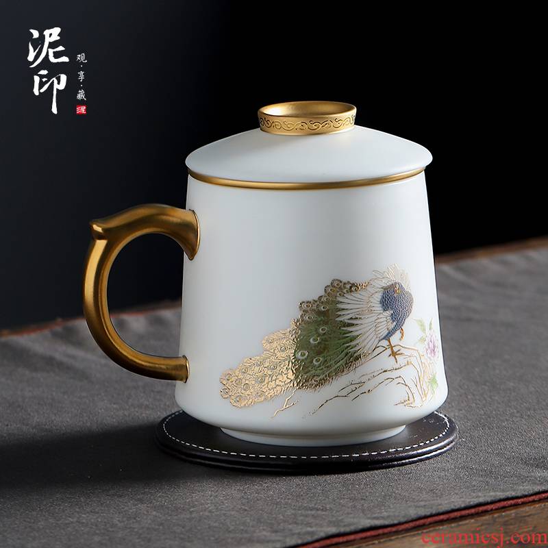 Mud seal paint suet jade white porcelain ceramic cups with cover filtration separation tea tea cup household glass gift box