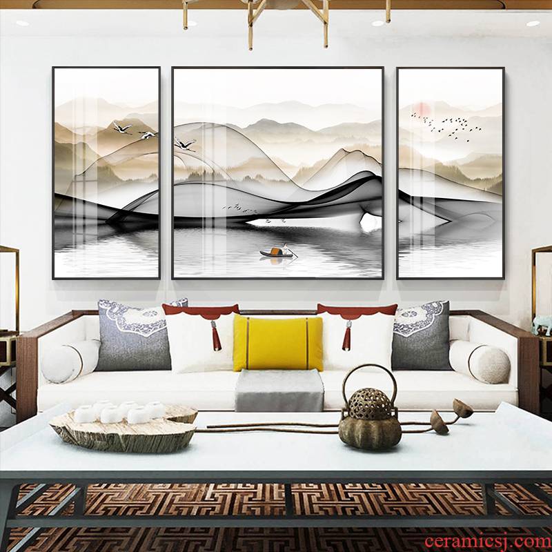 New Chinese style style living room sofa setting wall sanlian decorative crystal porcelain painting show scenery of bedroom the head of a bed hangs a picture