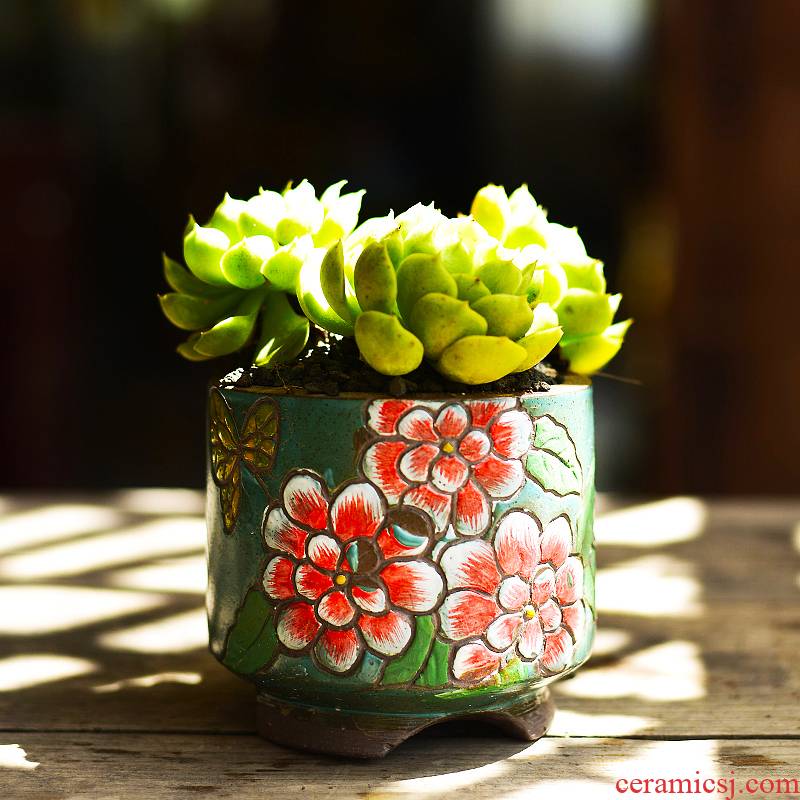 Fleshy ceramic flower pot meat meat, green potted the plants coarse pottery creative household Korean hand - made pottery clay tall old from running