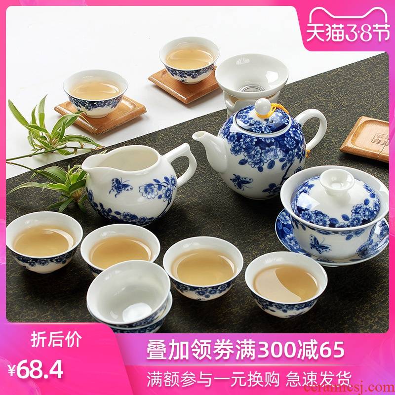 Blue and white porcelain tea set suit household ceramics of a complete set of kung fu tea teapot teacup tureen tea pot of recent