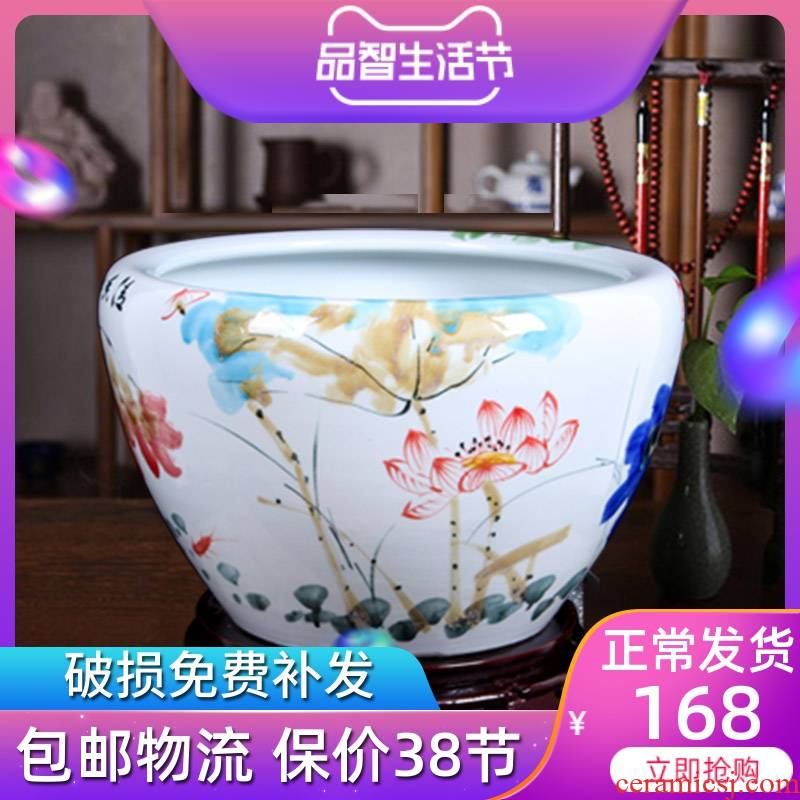Jingdezhen ceramic aquarium round indoor and is suing goldfish bowl sitting room aquarium water lily lotus painting and calligraphy cylinder