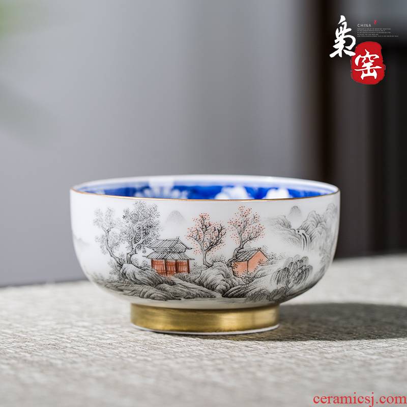 Owl up jack jingdezhen blue and white kung fu tea tea set hand - made master cup draw flower landscape sample tea cup