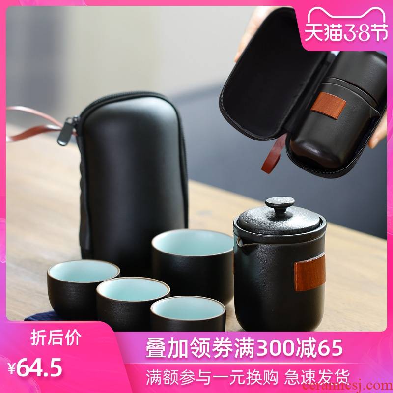 Black pottery travel kung fu tea set a pot of ink words four cups of portable ceramic crack cup small set of tea cups trill