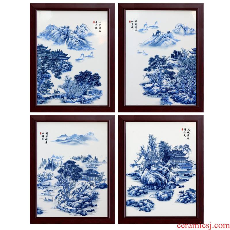 Jingdezhen ceramic painter blue - and - white splendid sunvo landscape porcelain plate four screens hang mural decoration in the sitting room