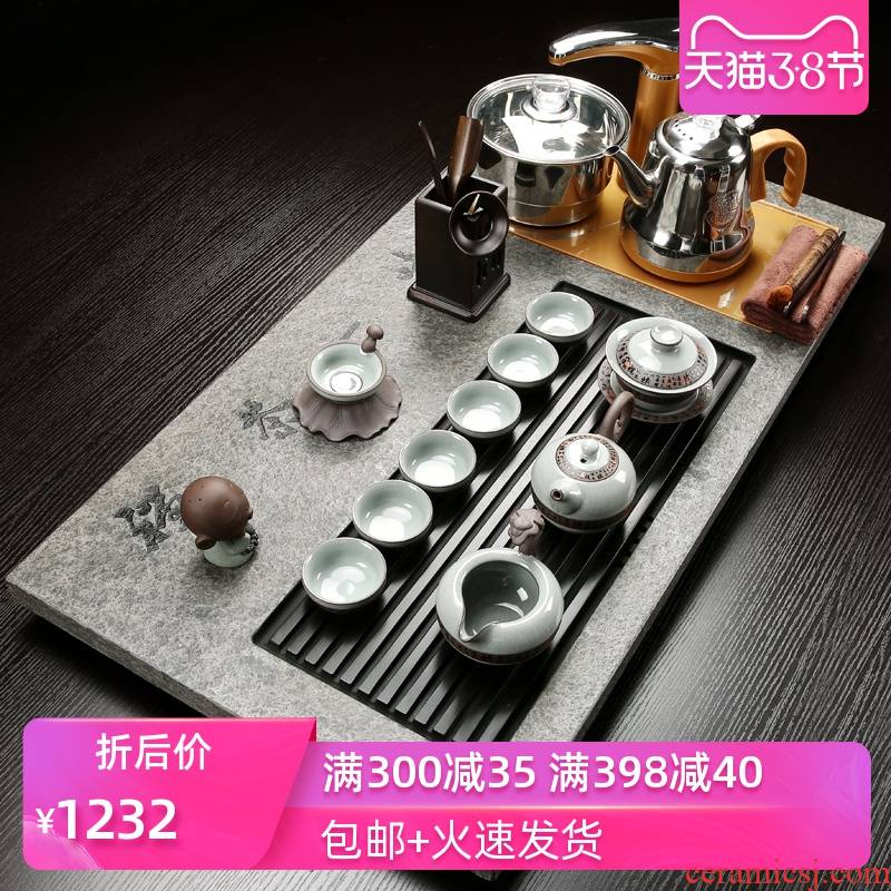 Poly real (sheng sharply stone tea tray ceramic kung fu tea set four unity of household solid wood tea tea table of a complete set of blocks