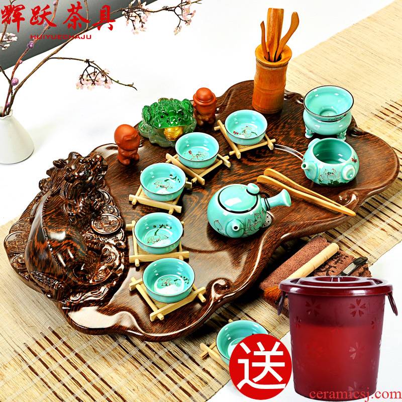 Hui, make tea set suits for your up celadon ceramic solid wood tea tray of a complete set of ice to crack kung fu tea set