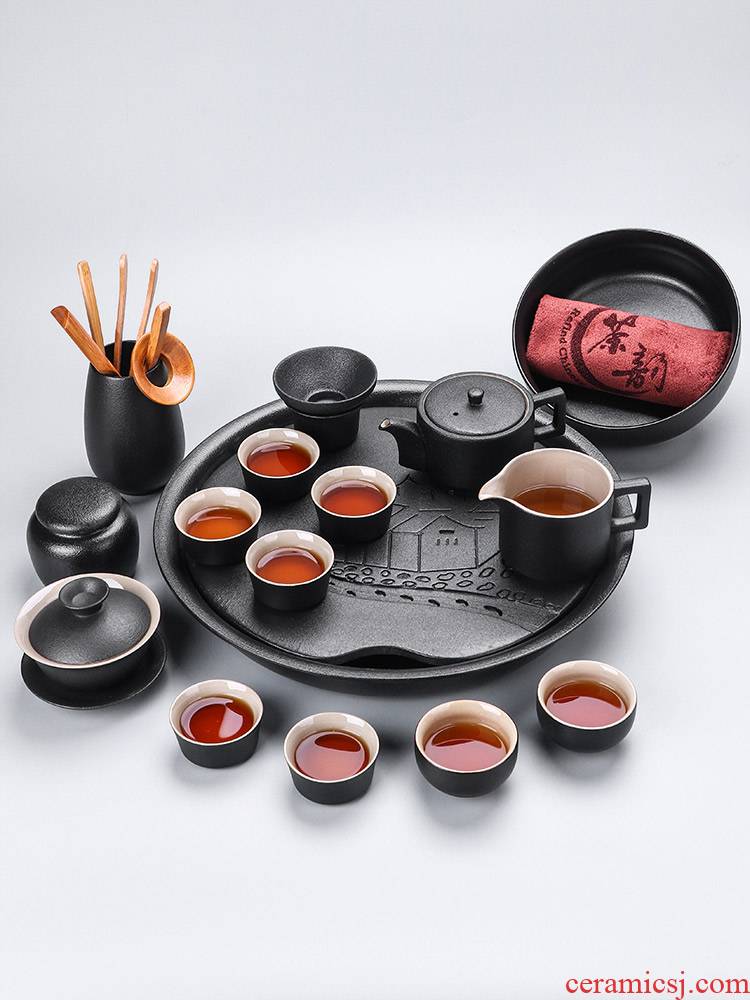Zhuo imperial black pottery tea set kung fu tea set of household ceramic tea tray was contracted modern Japanese cup lid bowl