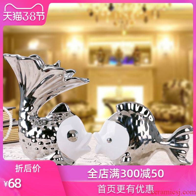 Creative decorations household decorates sitting room adornment furnishing articles Creative gift ceramics crafts silver couples to kiss fish