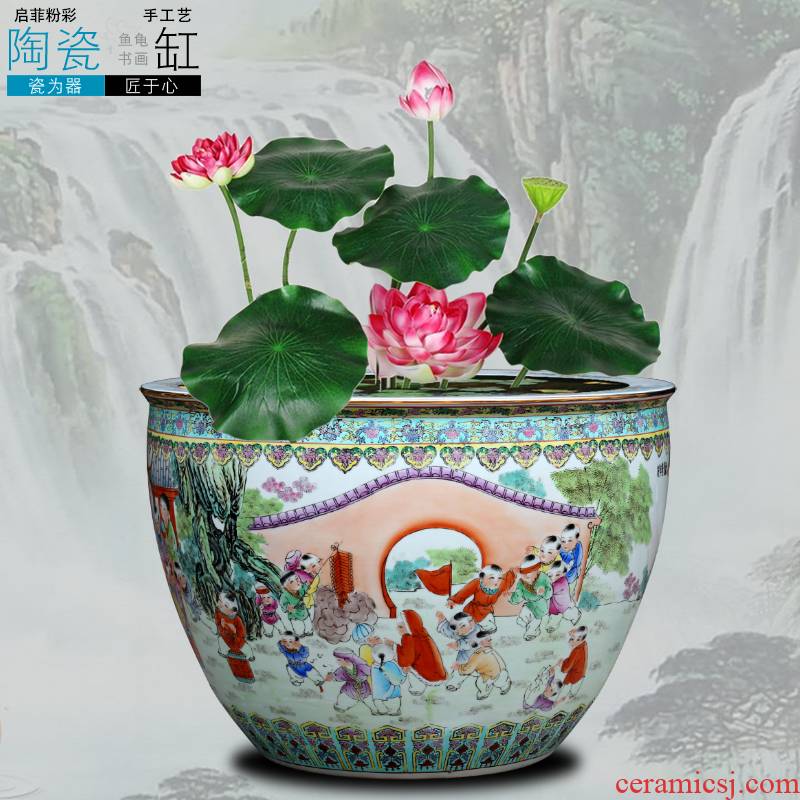 Jingdezhen ceramic powder enamel big goldfish turtle lotus lotus tank yard hotel large feng shui furnishing articles