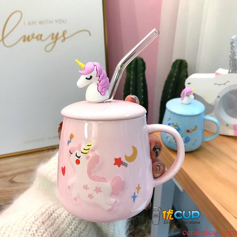 The Creative girl lovely coffee mugs heart unicorn sippy cups home water glass ceramic han edition female students