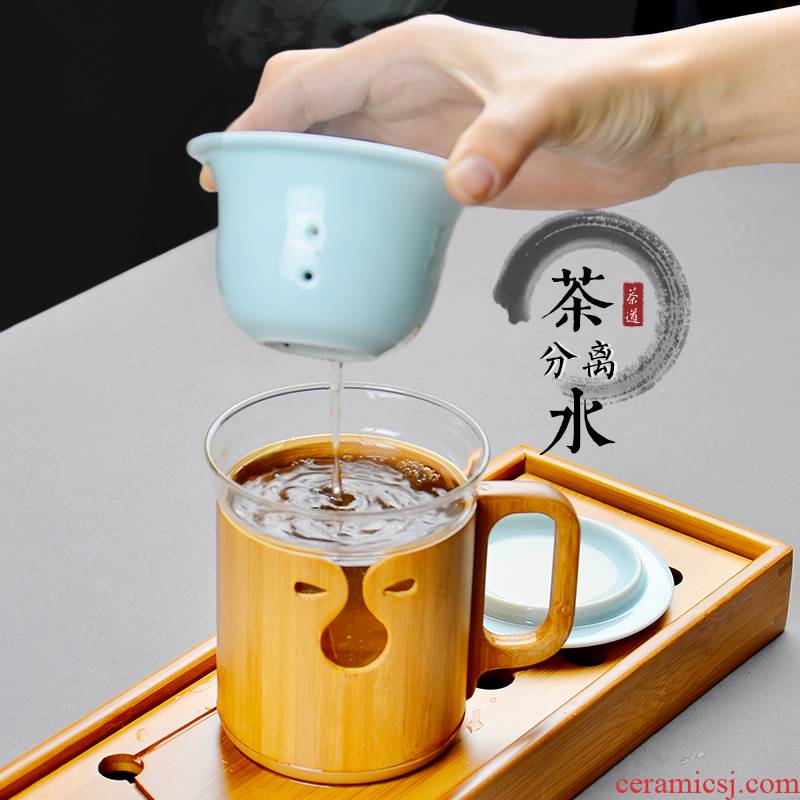 Public remit glass filter office bamboo ceramic tea cup with handle with cover health tea separation